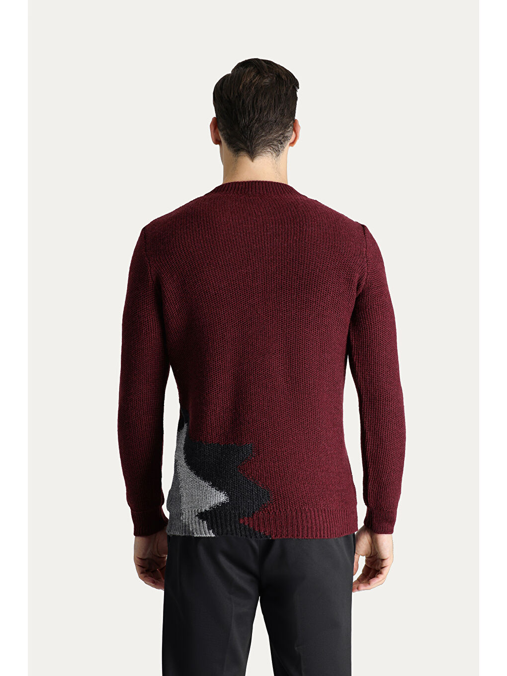 Bordo Bisiklet Yaka Slim Fit Dar Kesim Yünlü Desenli Triko Kazak-2