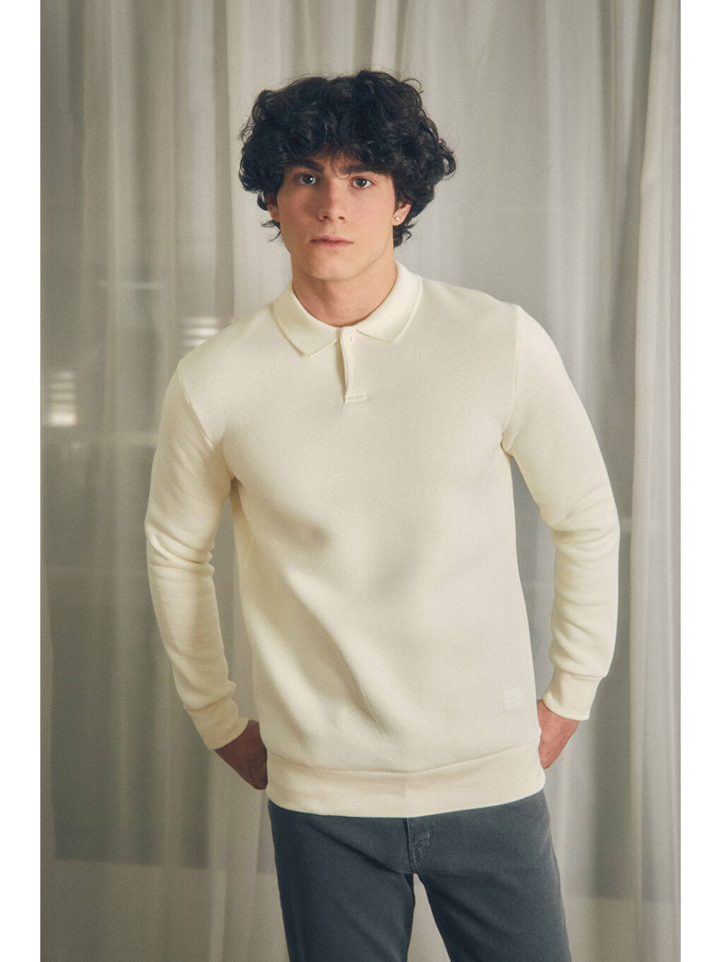 Fullamoda Ekru Basic Polo Yaka Düğmeli Sweatshirt