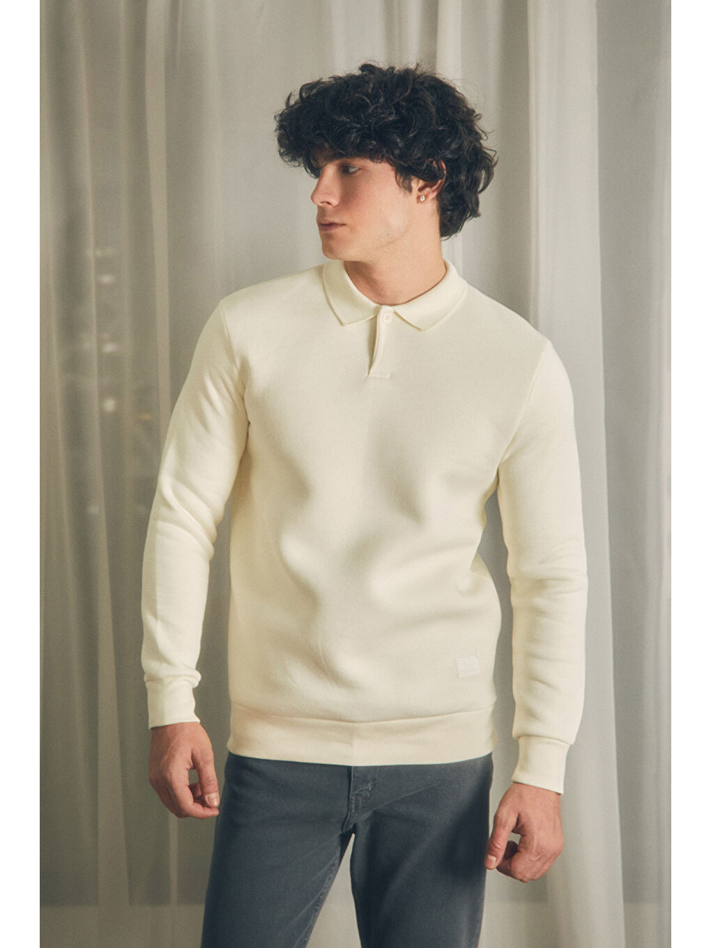 Fullamoda Ekru Basic Polo Yaka Düğmeli Sweatshirt - 1