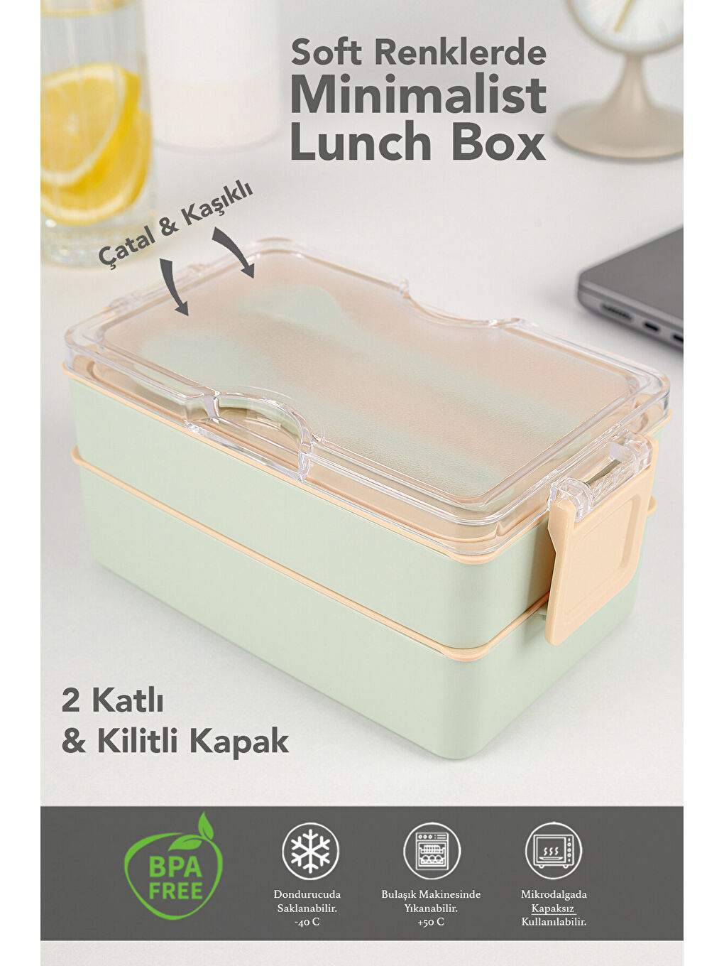 2 Katlı Kilitli Beslenme Kabı - Kendinden Çatal Kaşıklı Lunch Box Beslenme Kutusu Saklama Kabı Yeşil-1