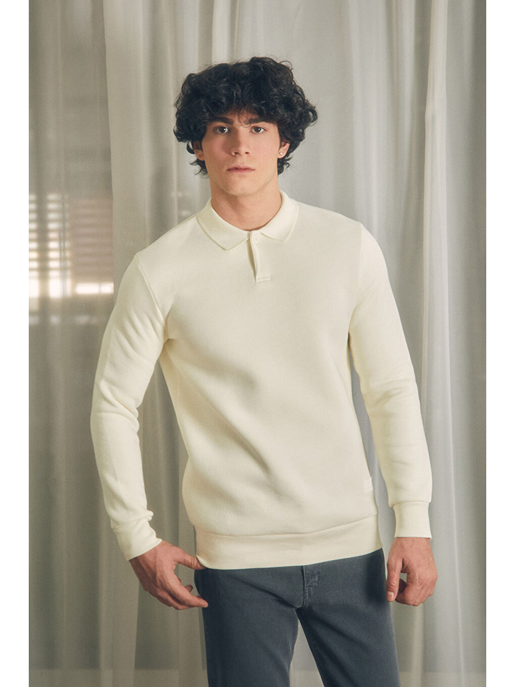 Fullamoda Ekru Basic Polo Yaka Düğmeli Sweatshirt - 2