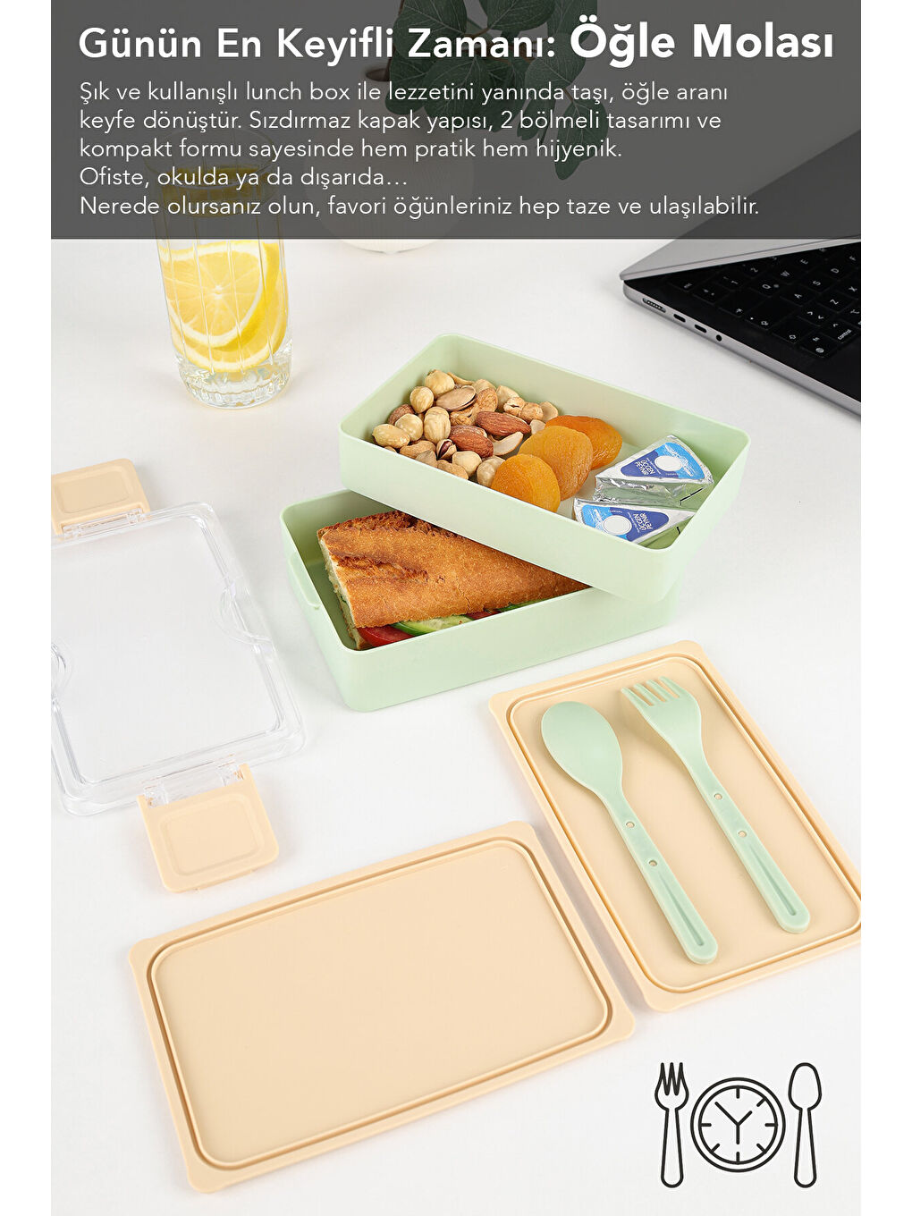 2 Katlı Kilitli Beslenme Kabı - Kendinden Çatal Kaşıklı Lunch Box Beslenme Kutusu Saklama Kabı Yeşil-3
