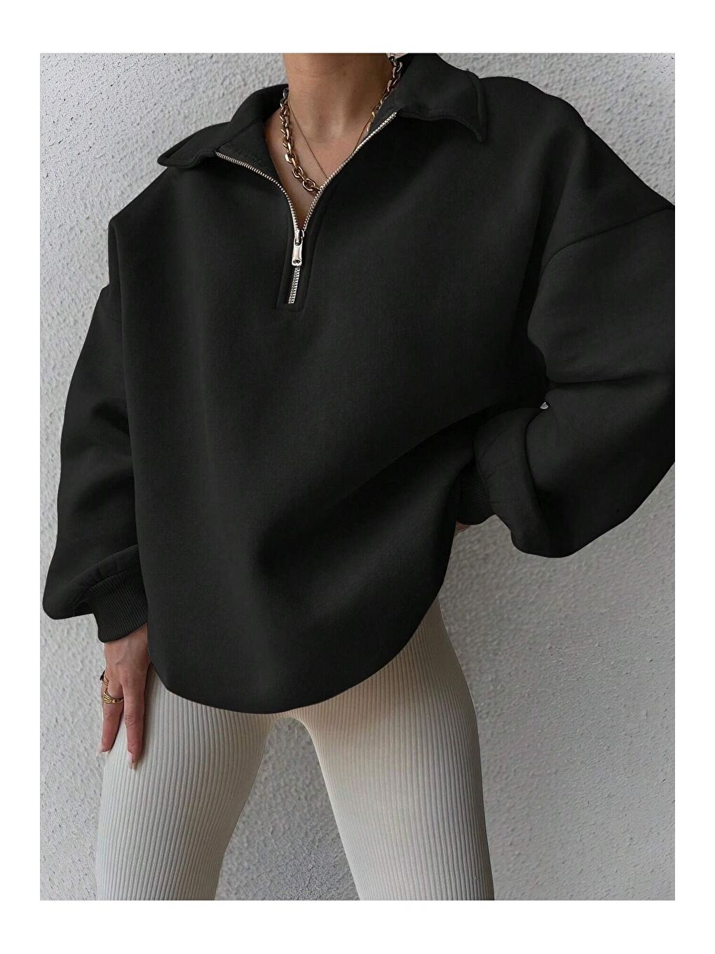 Kadın 3 İplik Siyah Fermuarlı Polo Yaka Oversize Sweatshirt