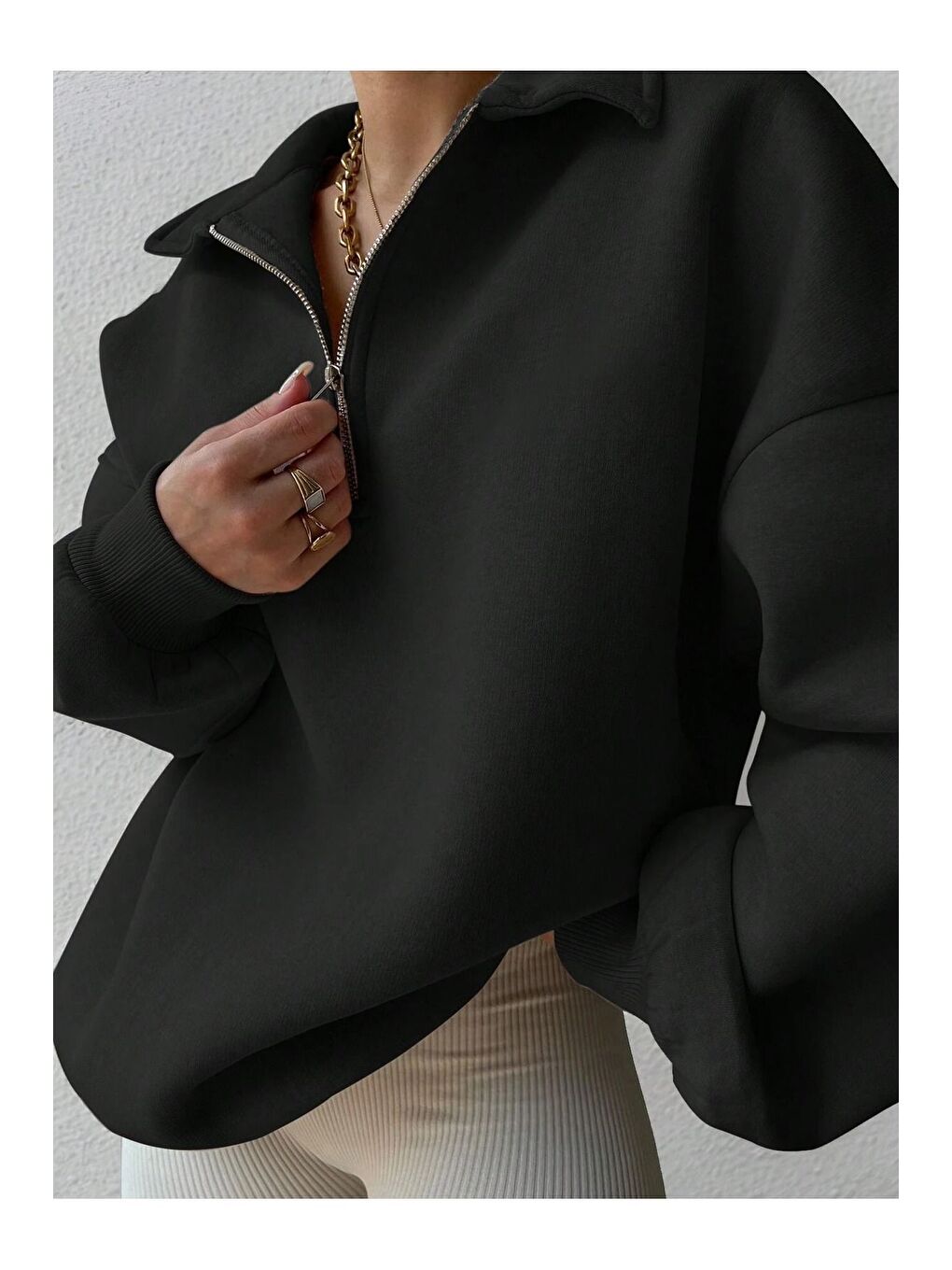 Kadın 3 İplik Siyah Fermuarlı Polo Yaka Oversize Sweatshirt-1