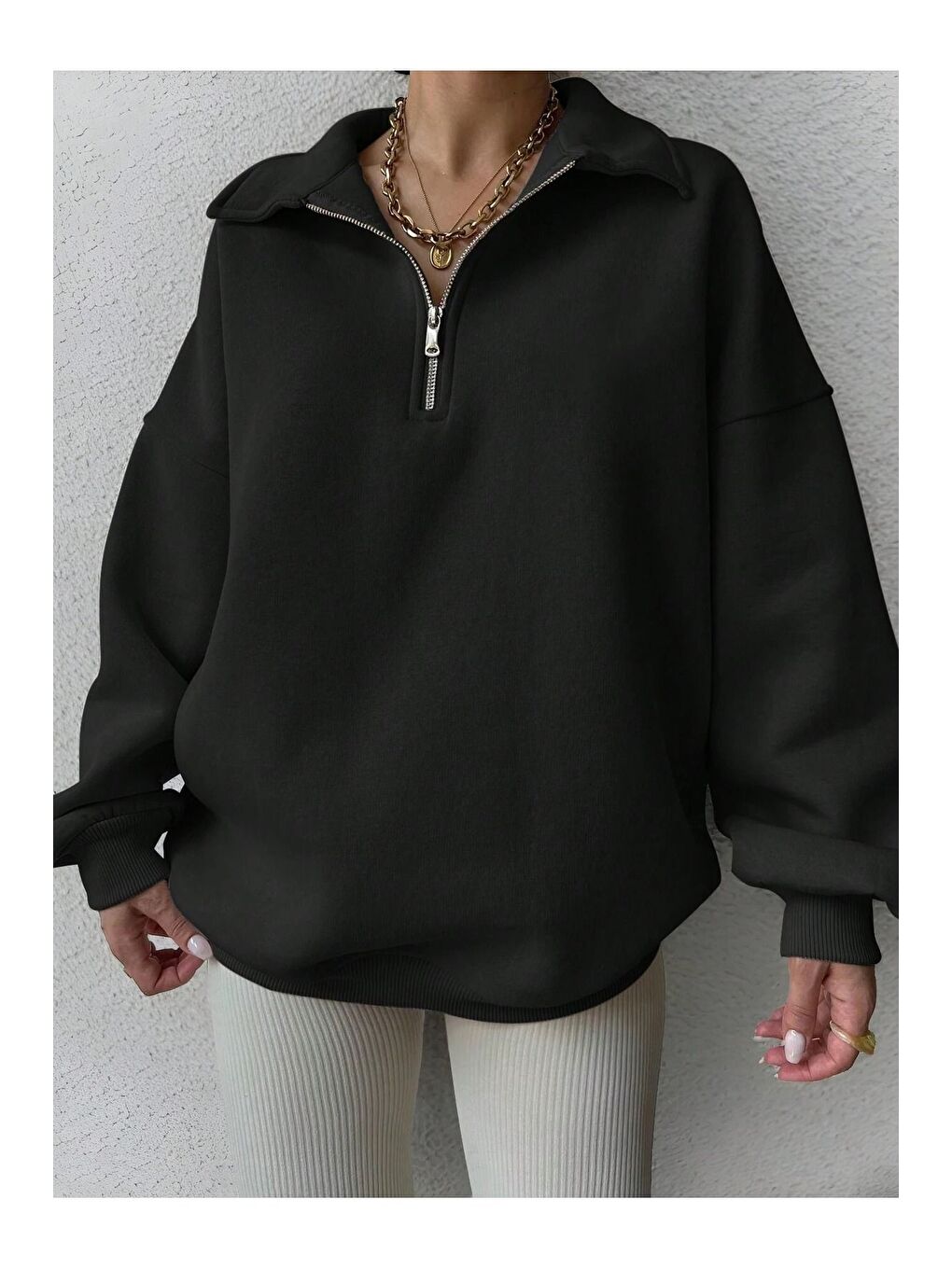 Kadın 3 İplik Siyah Fermuarlı Polo Yaka Oversize Sweatshirt-2