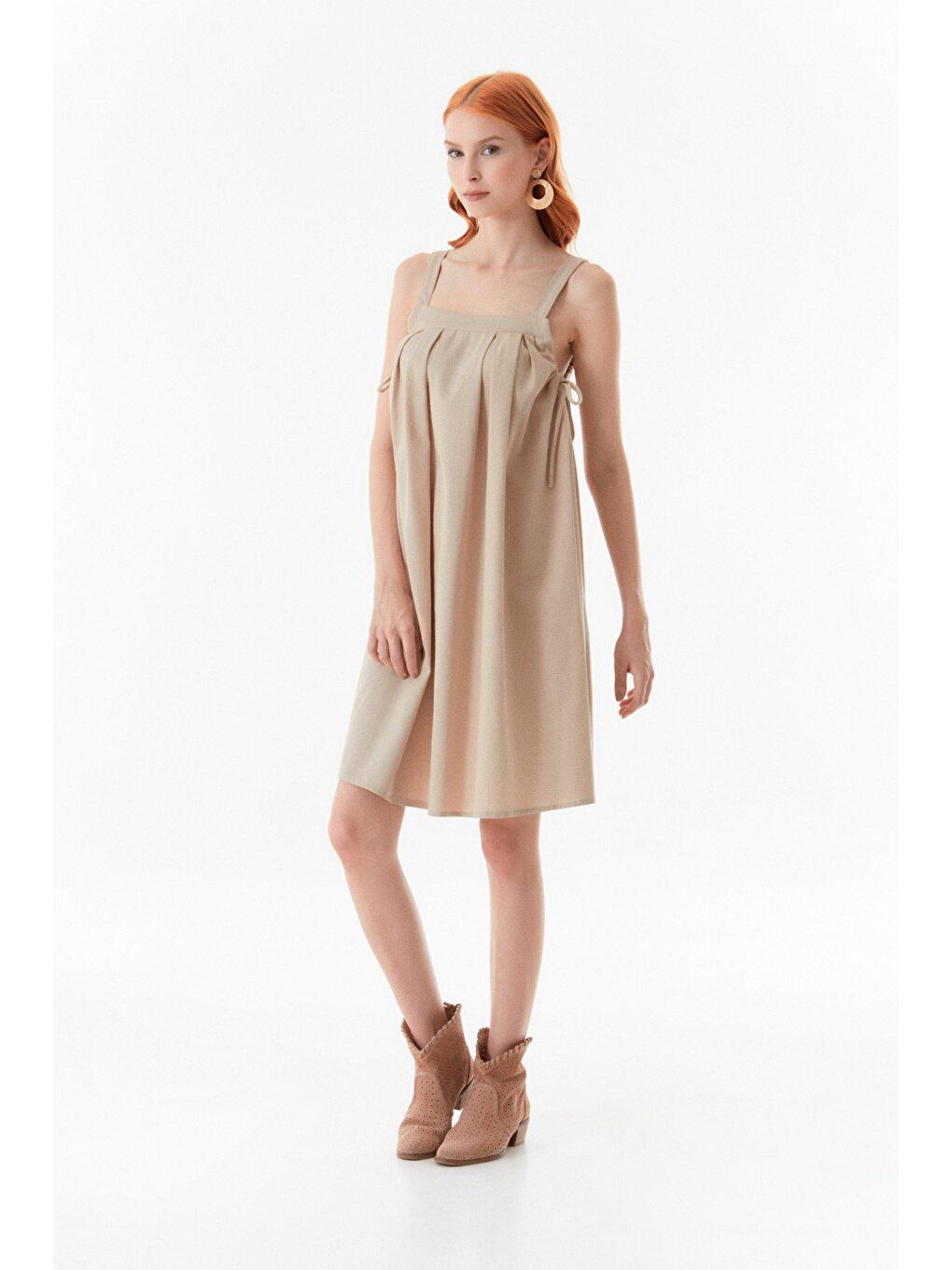 Bej Yanı Bağlamalı Gabardin Elbise-1