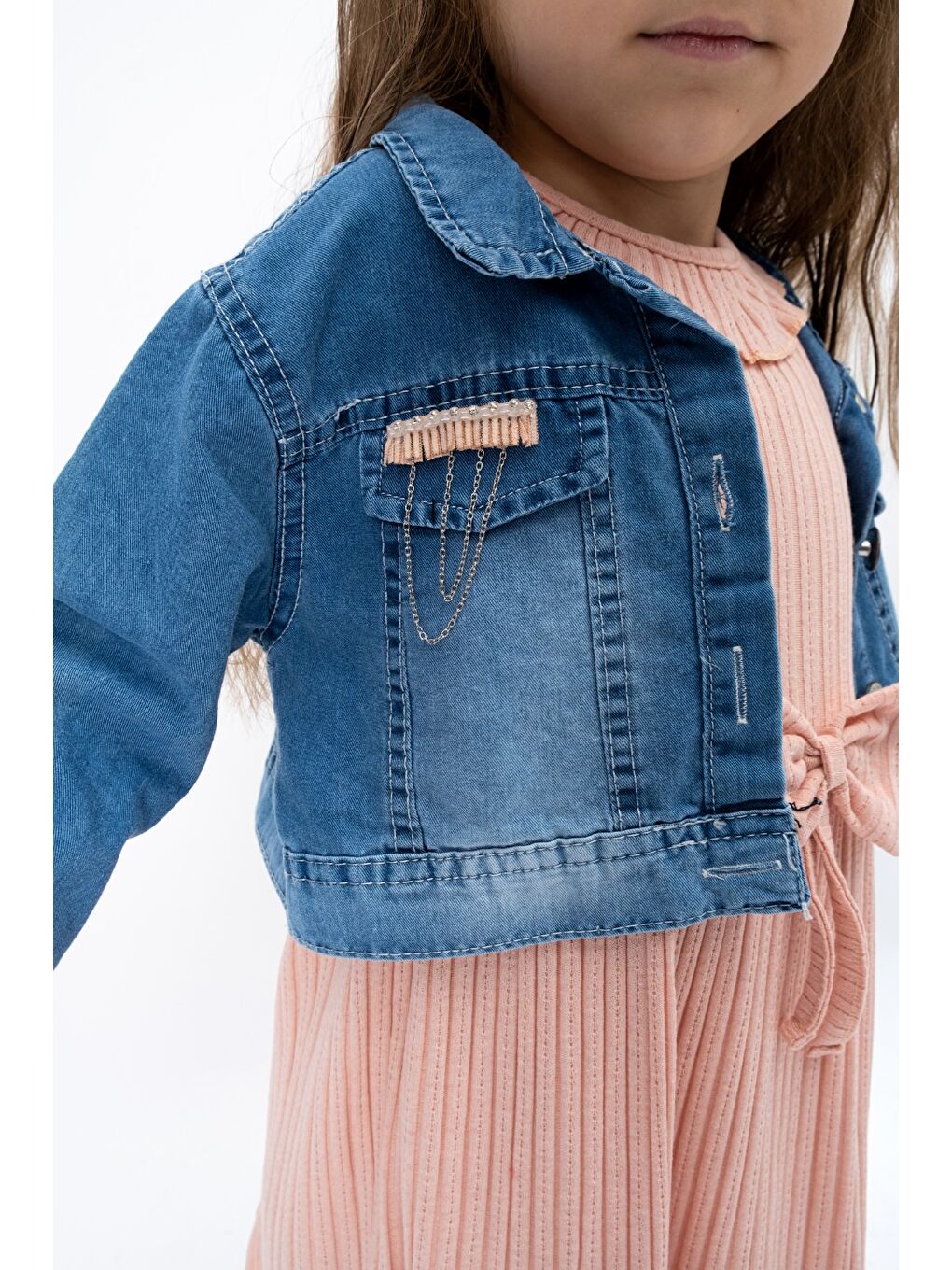 Pembe Jean Ceketli Kız Çocuk Elbise MNK2119-1
