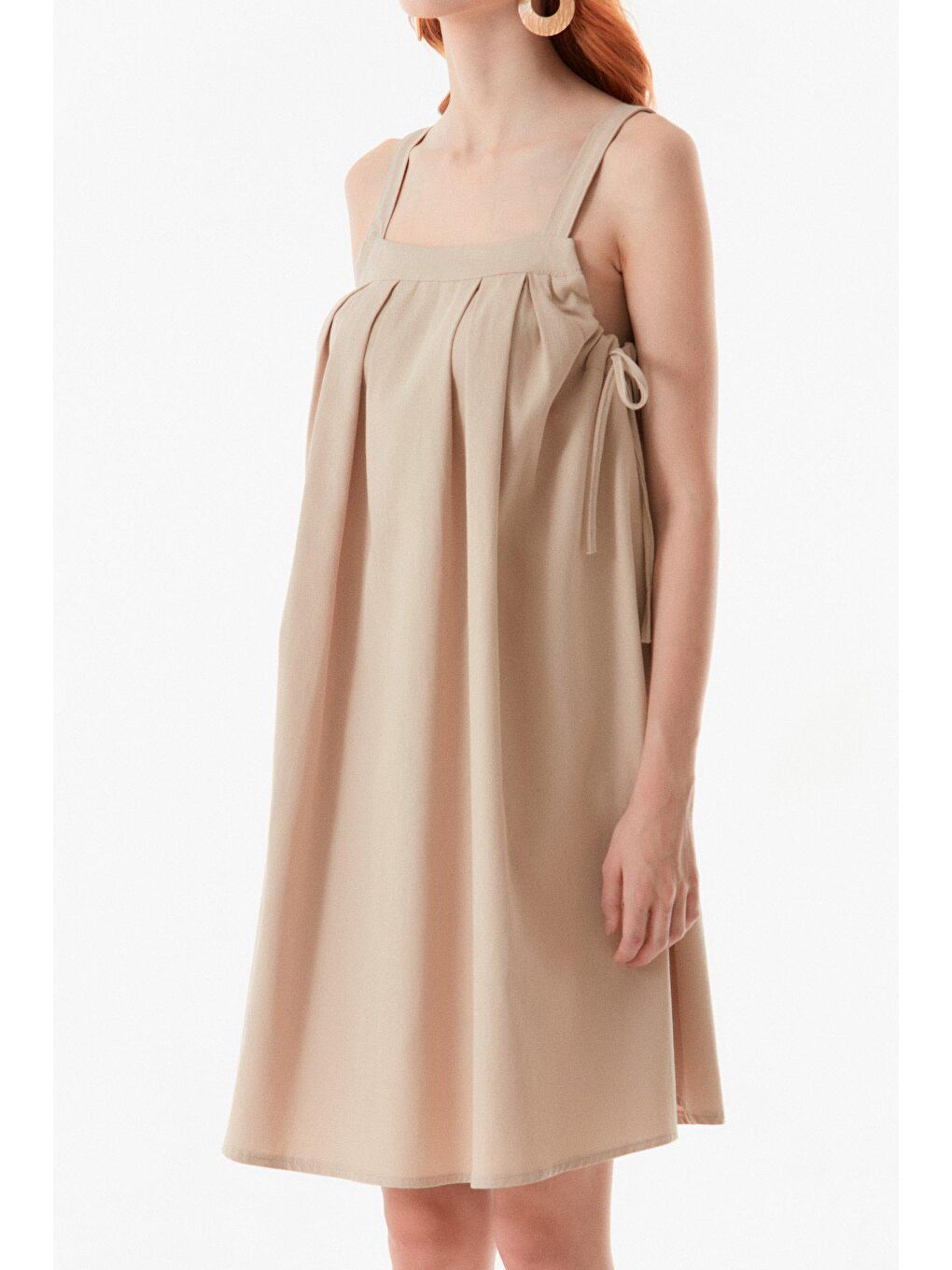 Bej Yanı Bağlamalı Gabardin Elbise-4