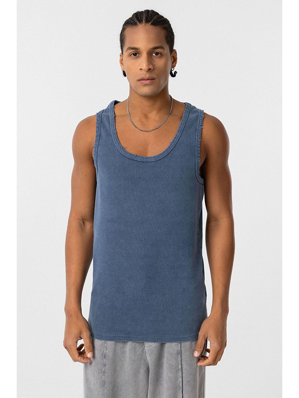 Yıkamalı Tank Top Kaşkorse Kolsuz Tişört İndigo