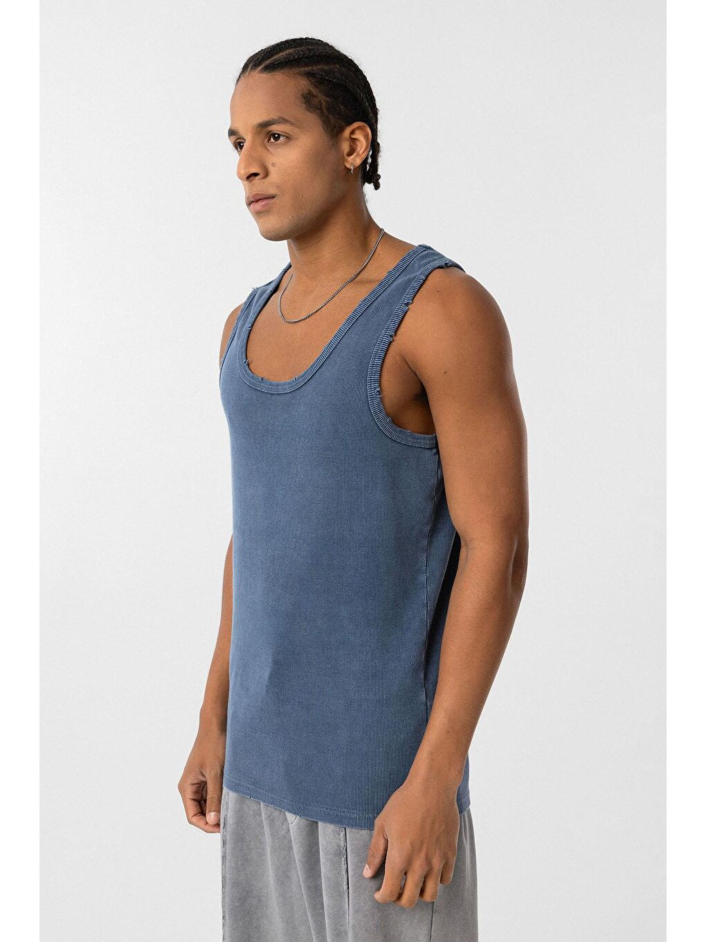 Yıkamalı Tank Top Kaşkorse Kolsuz Tişört İndigo-2