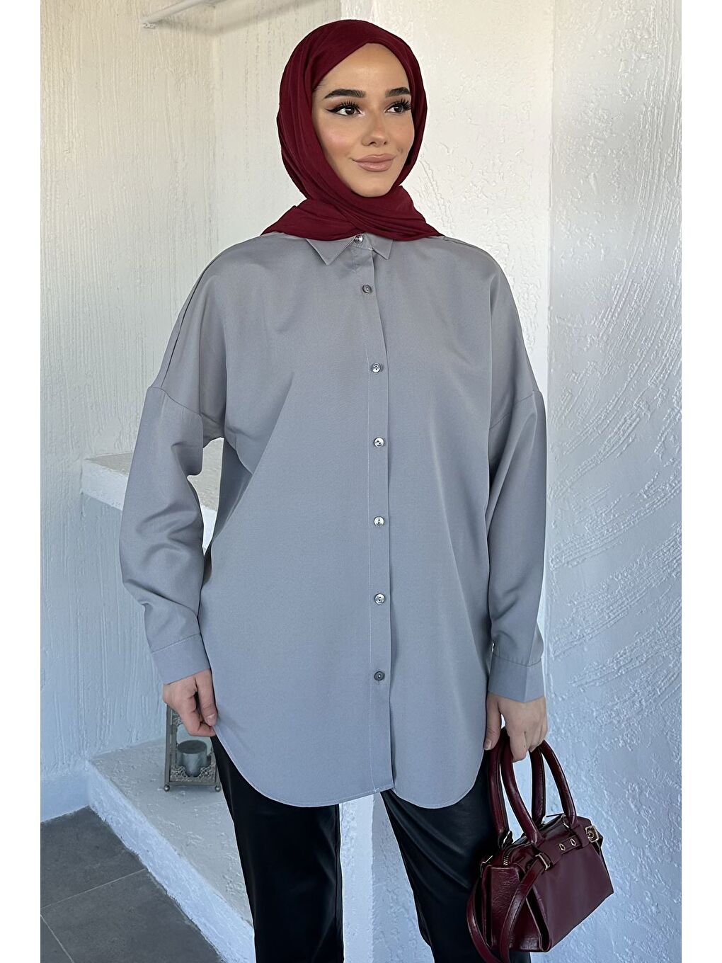 Gri Tesettür Klasik Gömlek-2