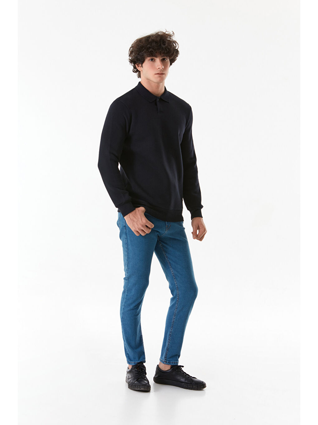 Fullamoda Lacivert Basic Polo Yaka Düğmeli Sweatshirt - 1