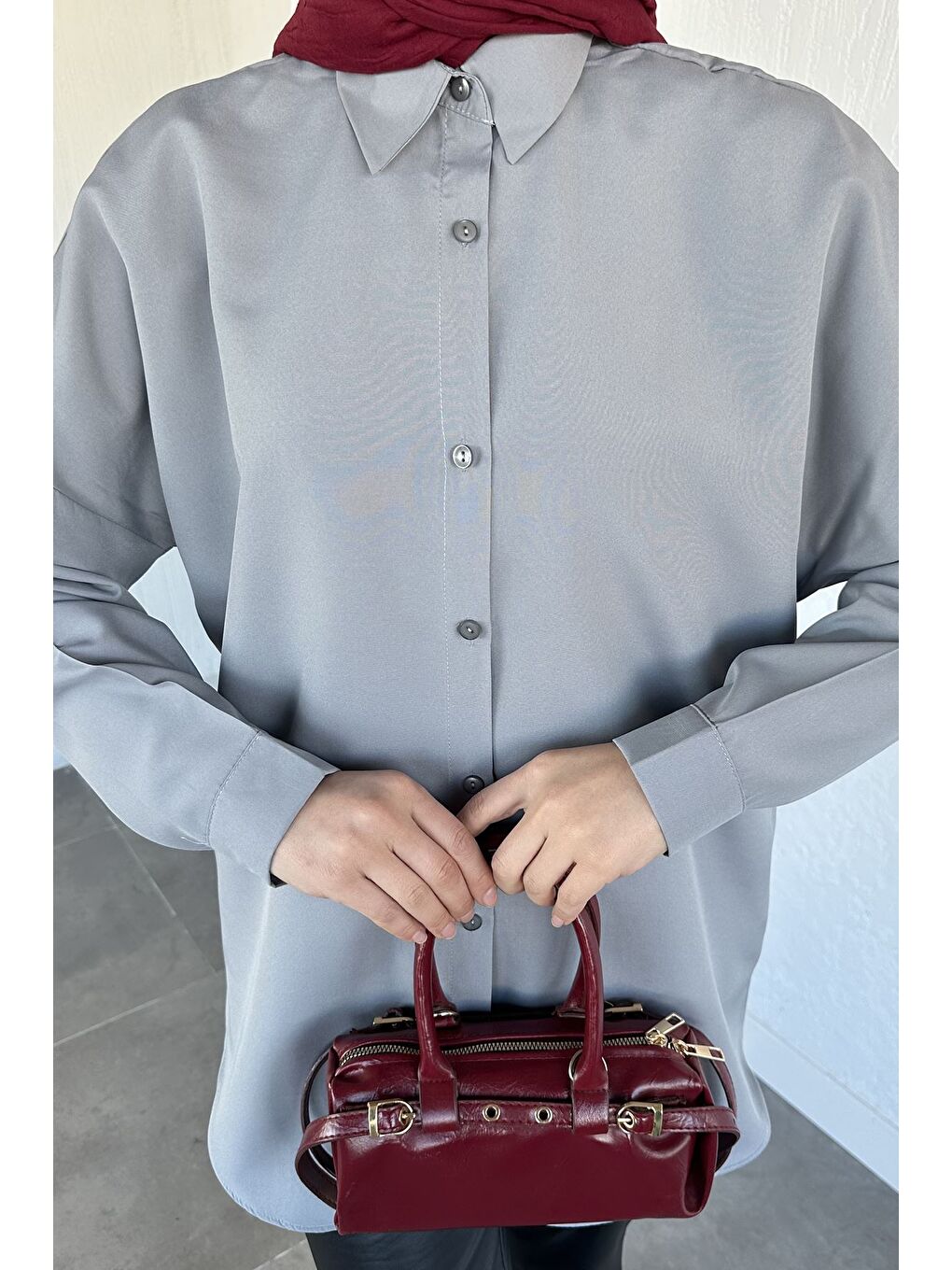 Gri Tesettür Klasik Gömlek-7