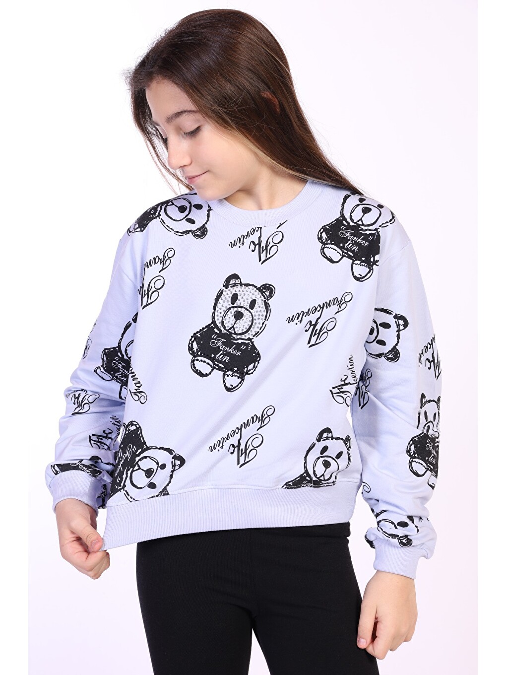 Mavi Kız Çocuk Ayıcık Baskılı Sweatshirt