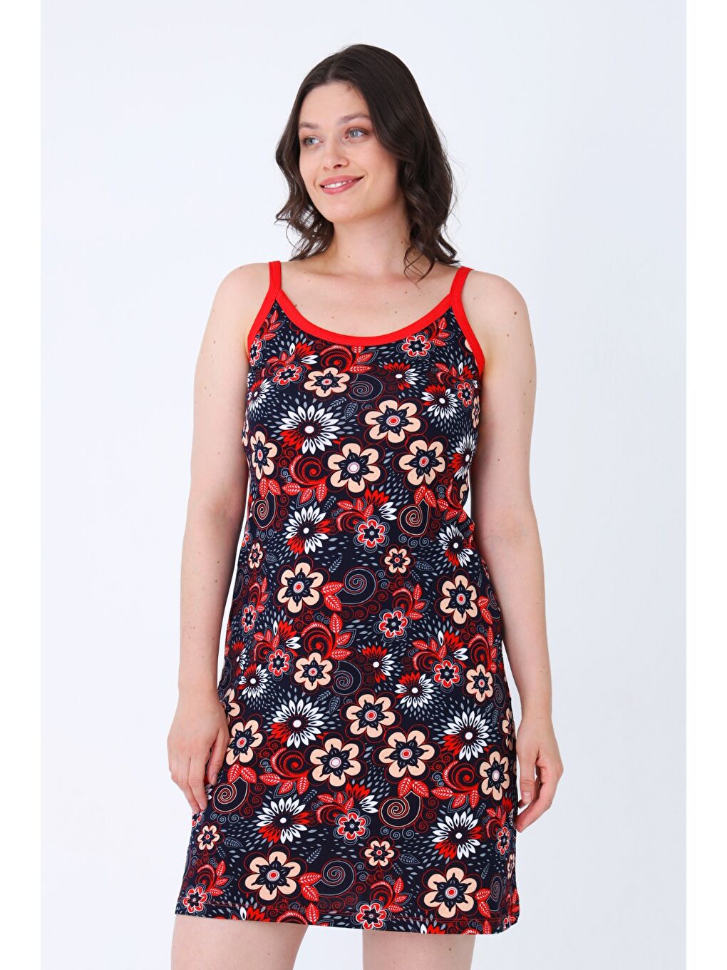 Lacivert Desenli Askılı %100 Pamuk Kadın Yazlık Elbise-1
