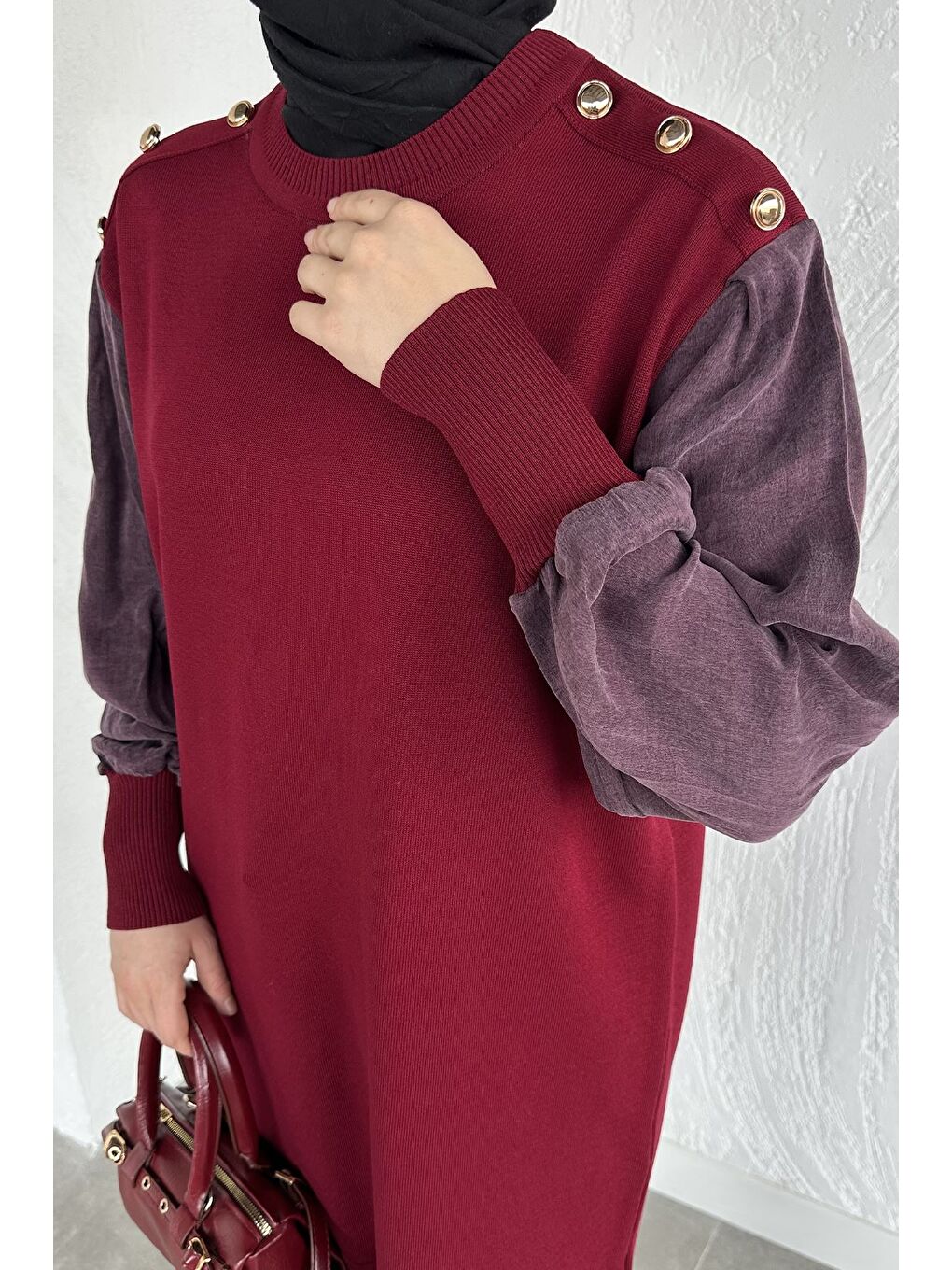 Bordo Gülseli Bisiklet Yaka Düğme Detaylı Tesettür Triko Tunik-6