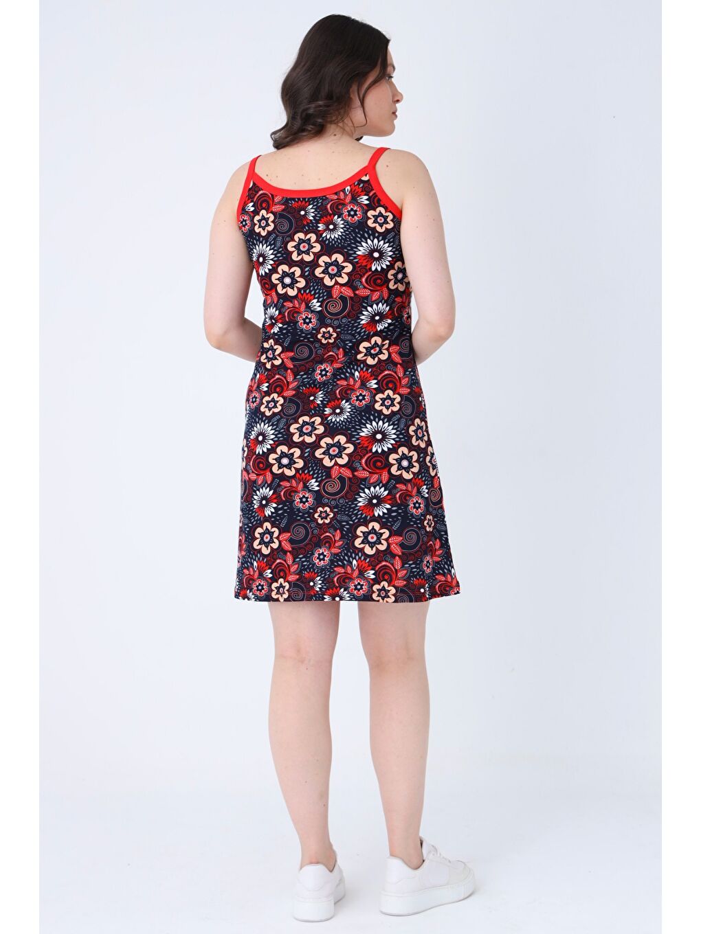 Lacivert Desenli Askılı %100 Pamuk Kadın Yazlık Elbise-2