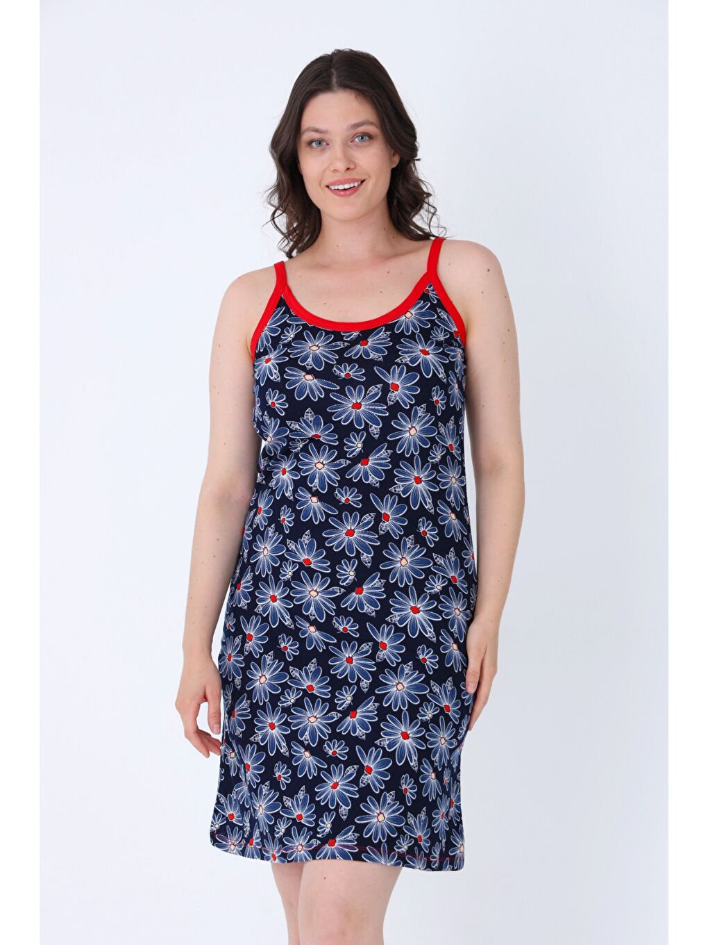 Kadın Lacivert Desenli Askılı %100 Pamuk Elbise-1