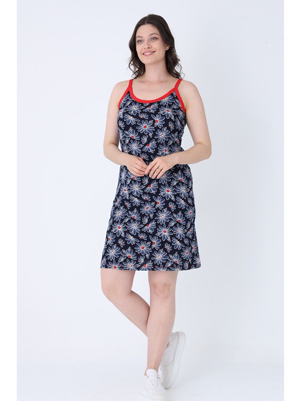 Kadın Lacivert Desenli Askılı %100 Pamuk Elbise-2