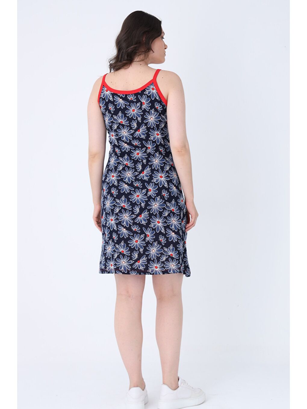 Kadın Lacivert Desenli Askılı %100 Pamuk Elbise-3