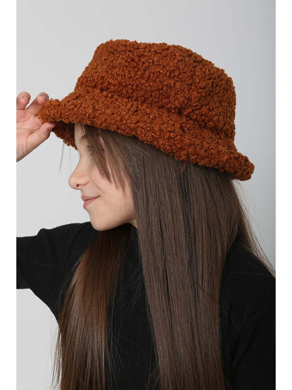 Kahverengi Çocuk Kıvırcık Pelüş Bucket Şapka RKŞ Ç 10 Kiremit
