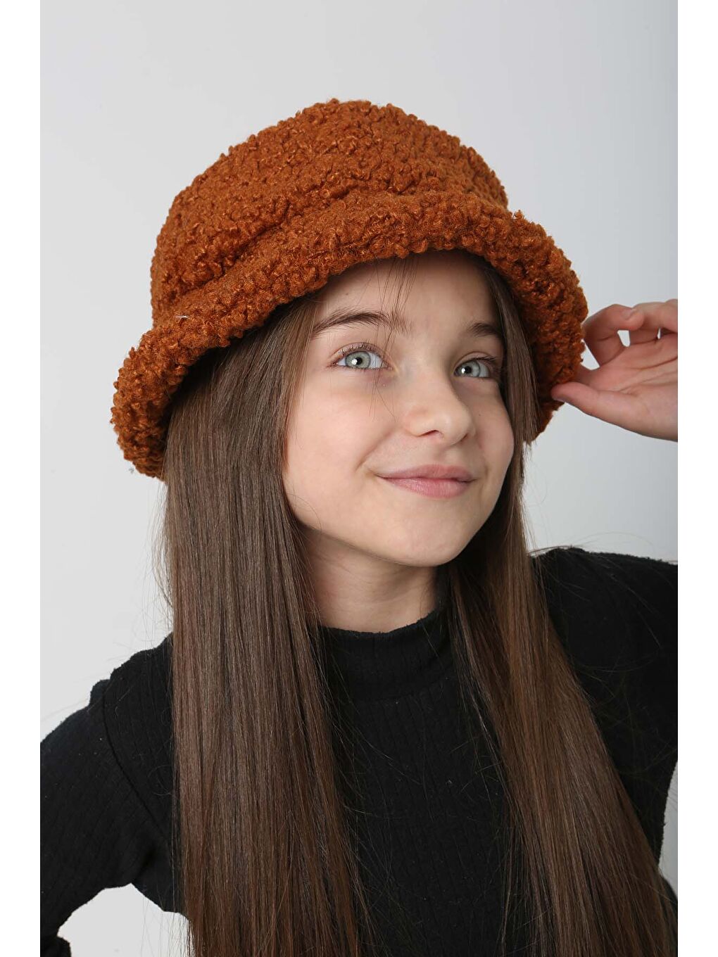 Kahverengi Çocuk Kıvırcık Pelüş Bucket Şapka RKŞ Ç 10 Kiremit-1