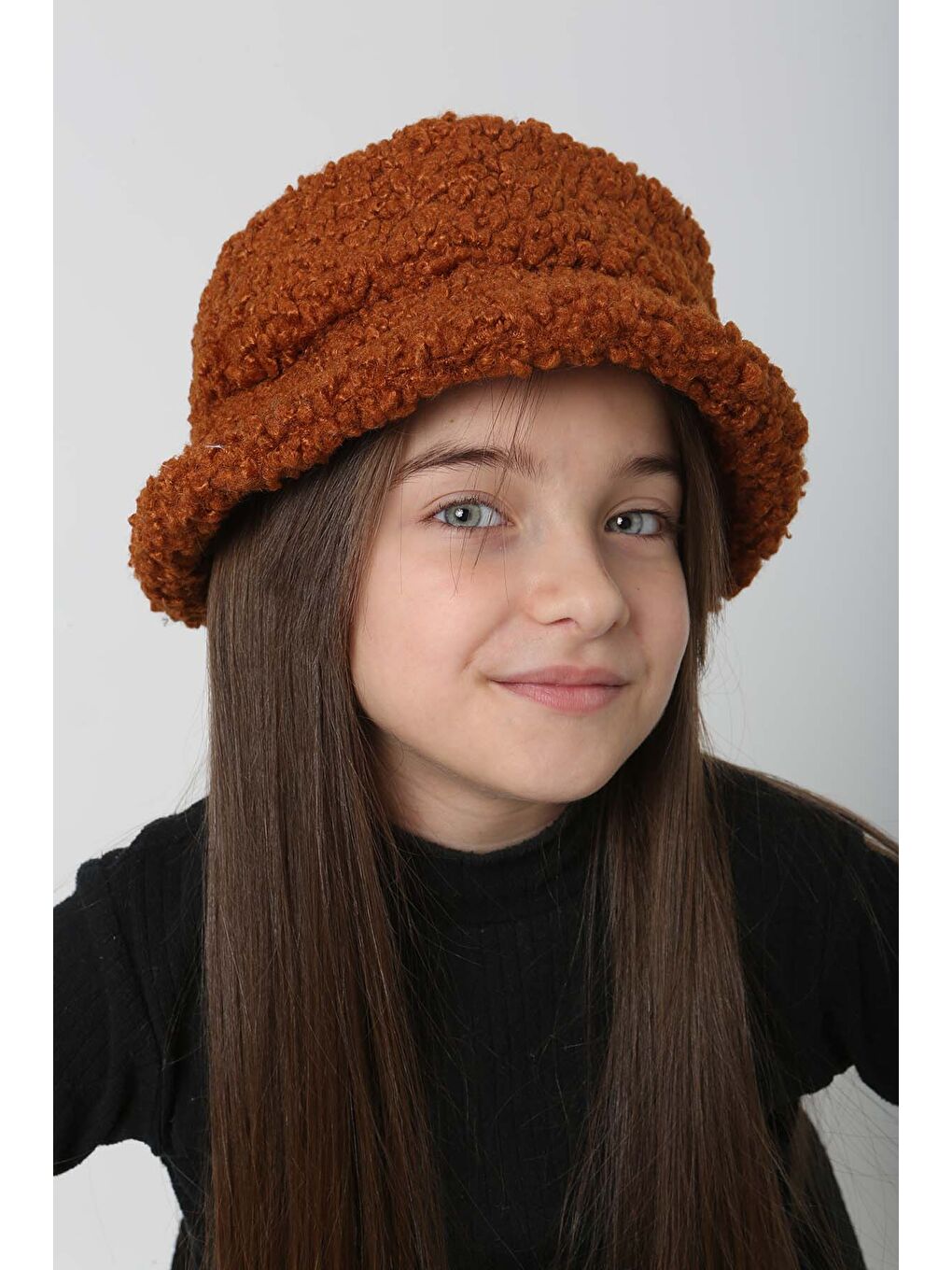 Kahverengi Çocuk Kıvırcık Pelüş Bucket Şapka RKŞ Ç 10 Kiremit-2