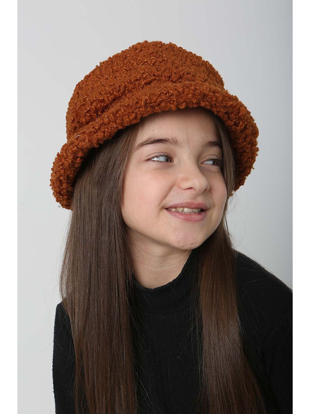 Kahverengi Çocuk Kıvırcık Pelüş Bucket Şapka RKŞ Ç 10 Kiremit-3