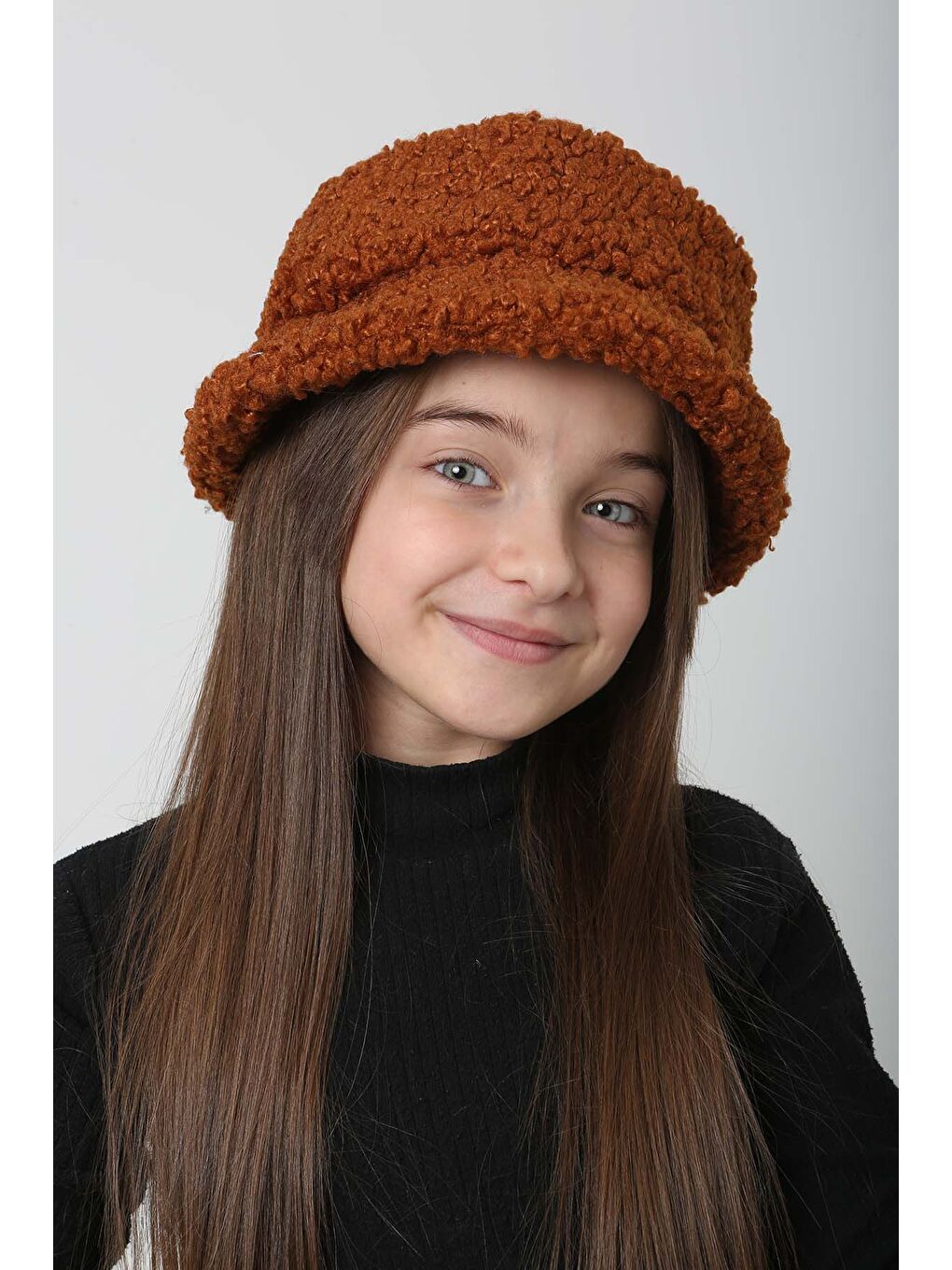 Kahverengi Çocuk Kıvırcık Pelüş Bucket Şapka RKŞ Ç 10 Kiremit-4