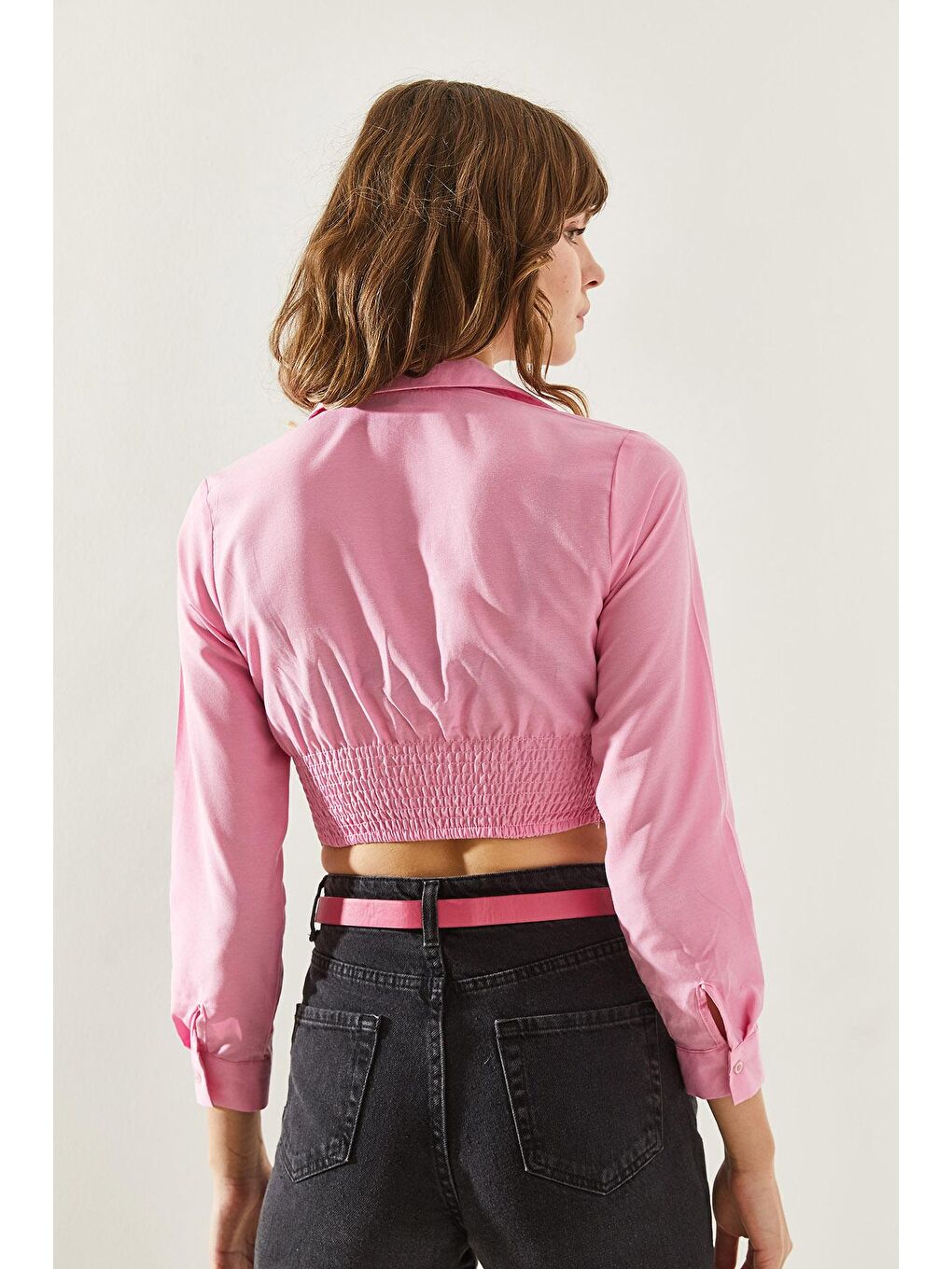 Pembe Kadın Arkası Lastikli Uzun Kollu Gömlek-1