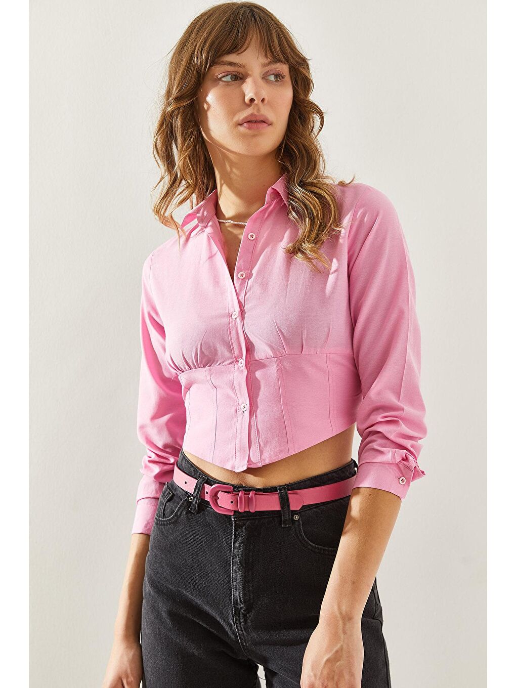 Pembe Kadın Arkası Lastikli Uzun Kollu Gömlek-3