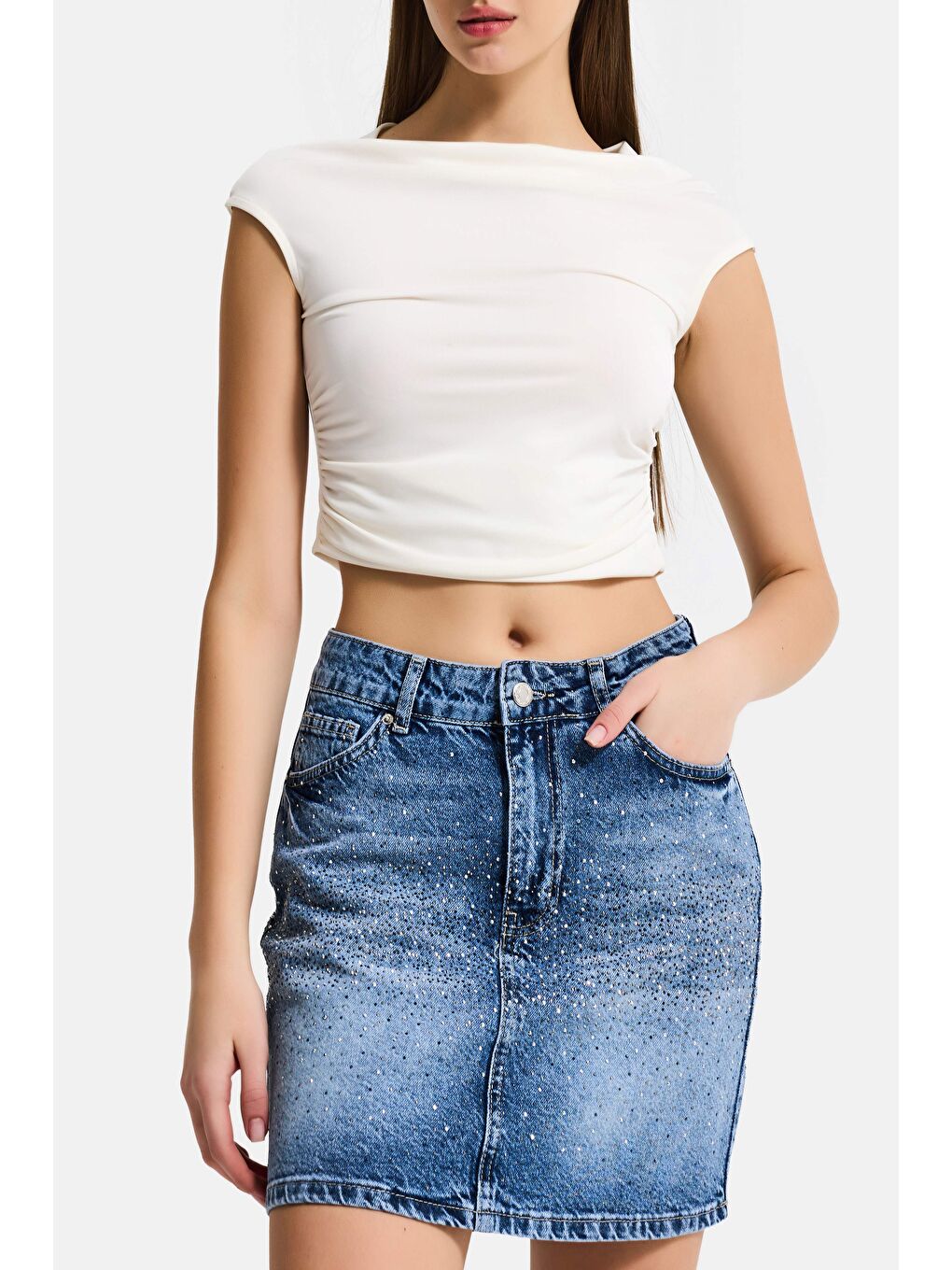 Kadın Mavi T2-4s6-4 Straight Fit Parlak Taşlı Özel Tasarım Mini Denim Etek