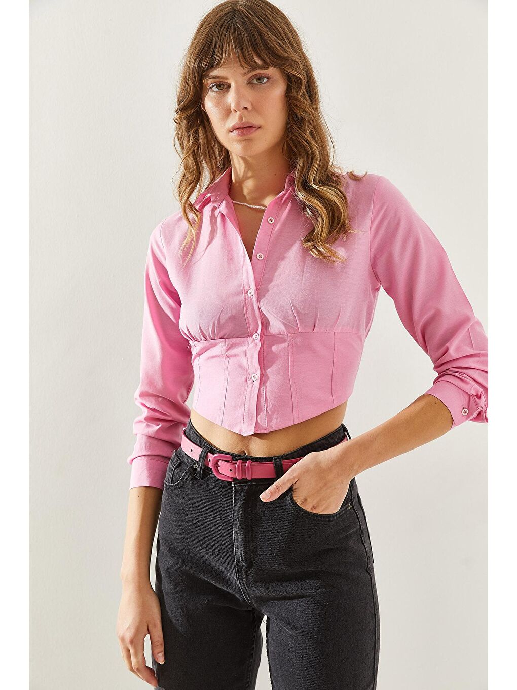 Pembe Kadın Arkası Lastikli Uzun Kollu Gömlek-4