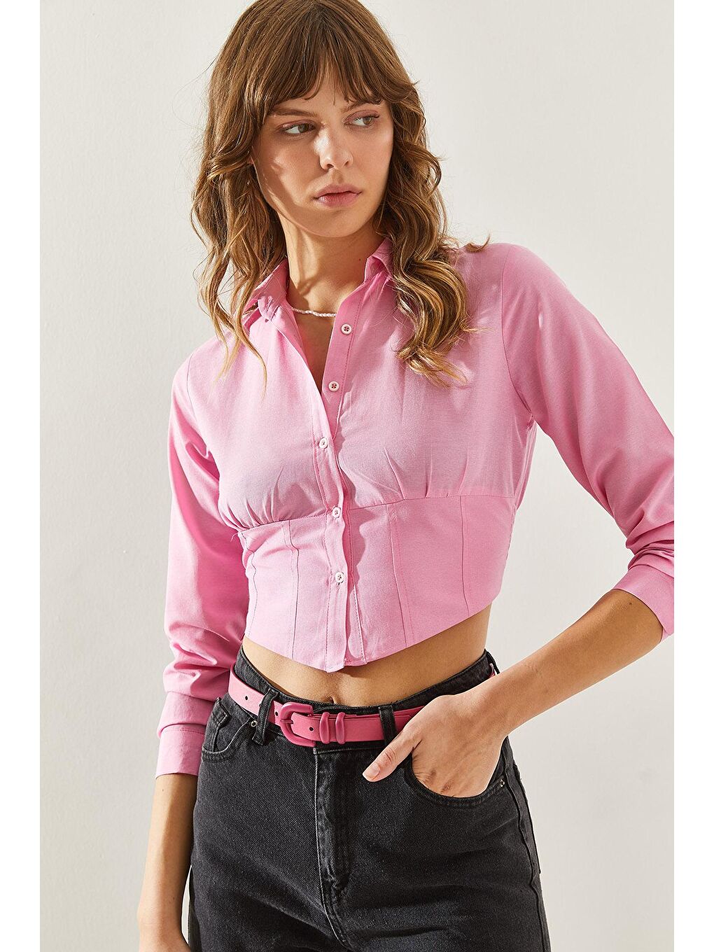 Pembe Kadın Arkası Lastikli Uzun Kollu Gömlek-5