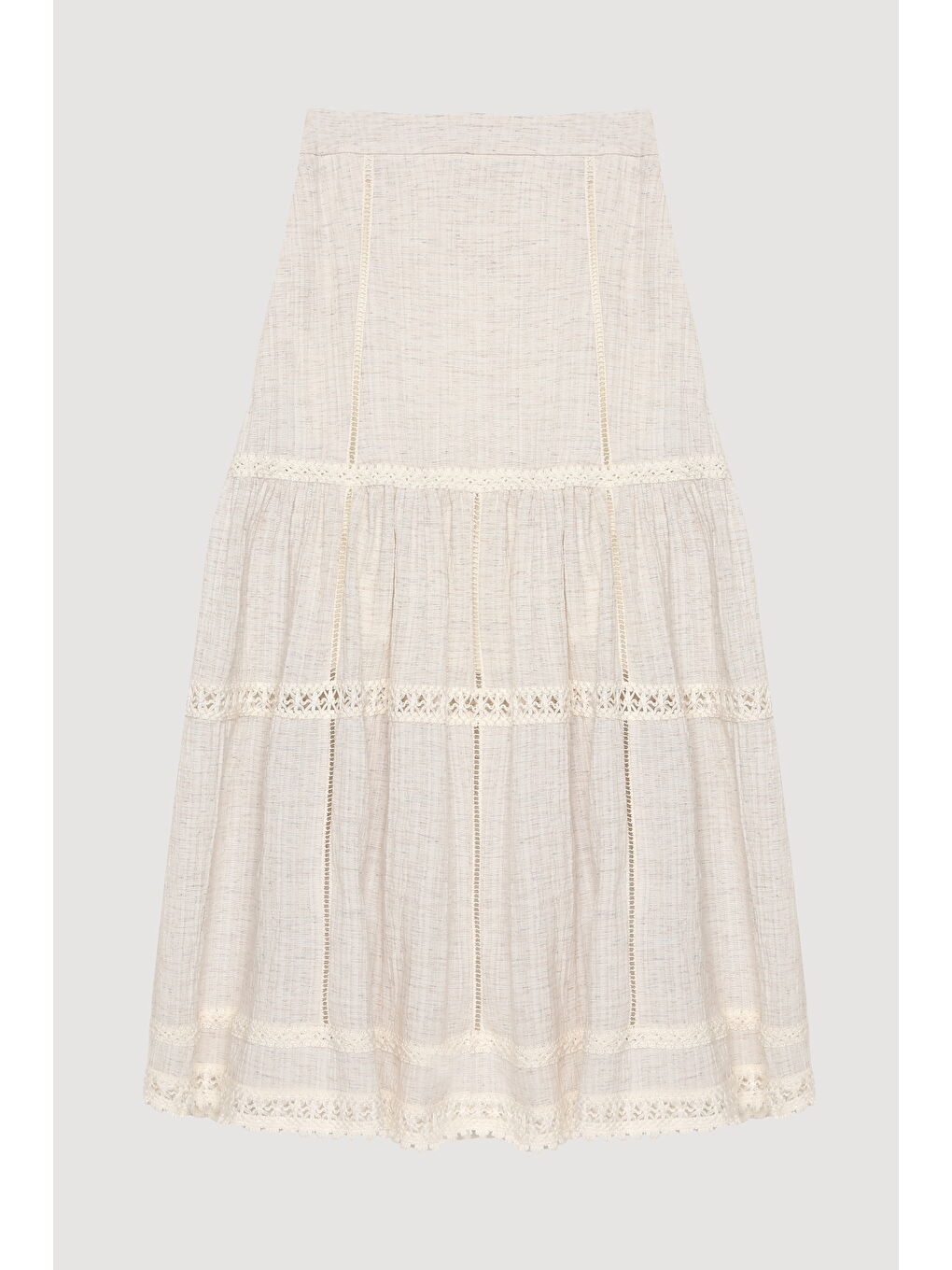 Bej Dantel Detaylı Volanlı Midi Etek Naturel