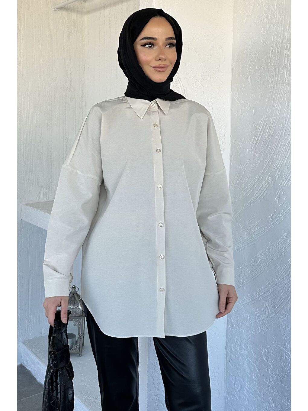 Bej Tesettür Klasik Gömlek-3