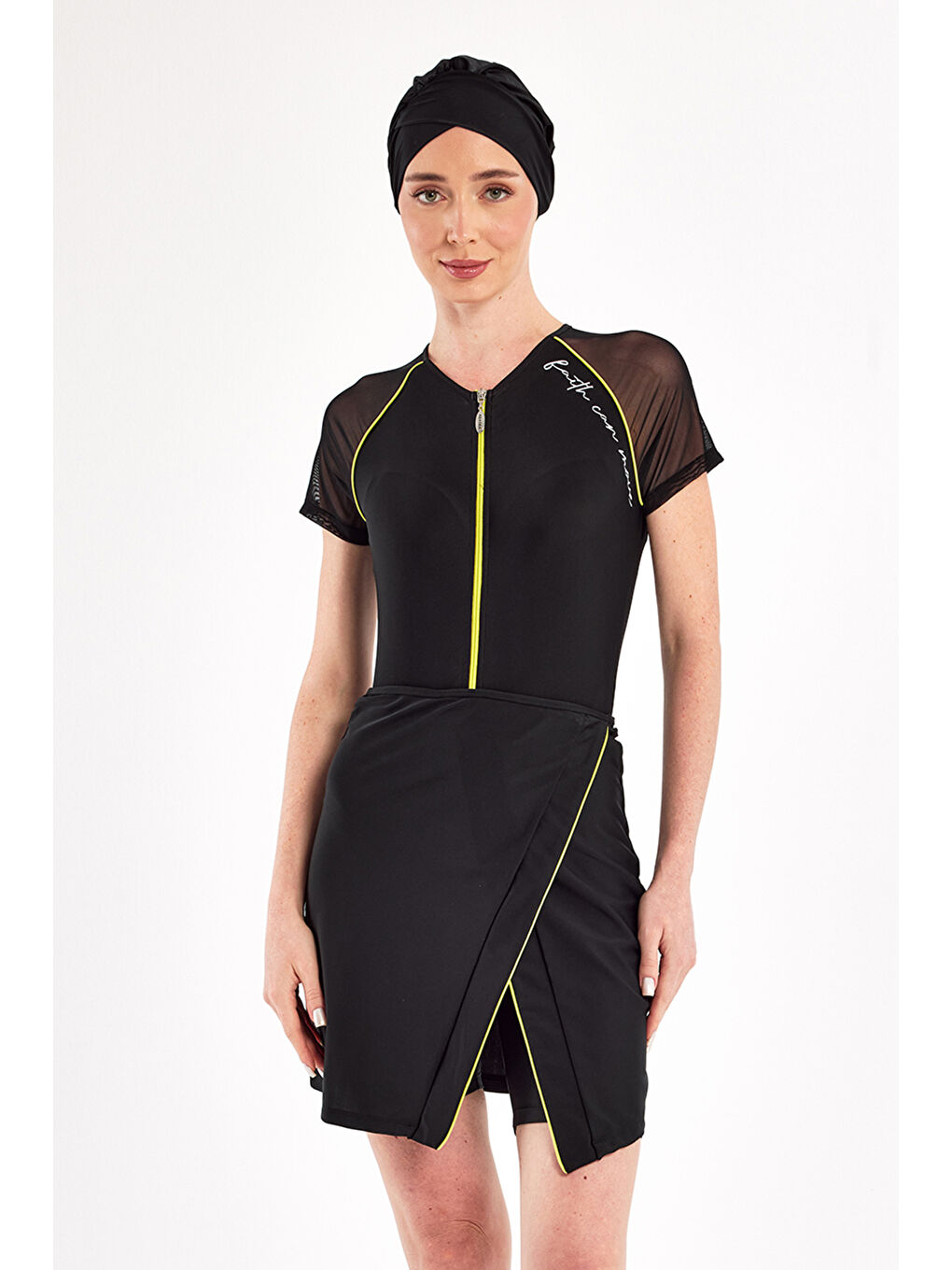 UV Korumalı Kısa Kollu 3 Farklı Şekilde Giyilebilir Elastanlı Yarı Kapalı Mayo 1611 Siyah03-4