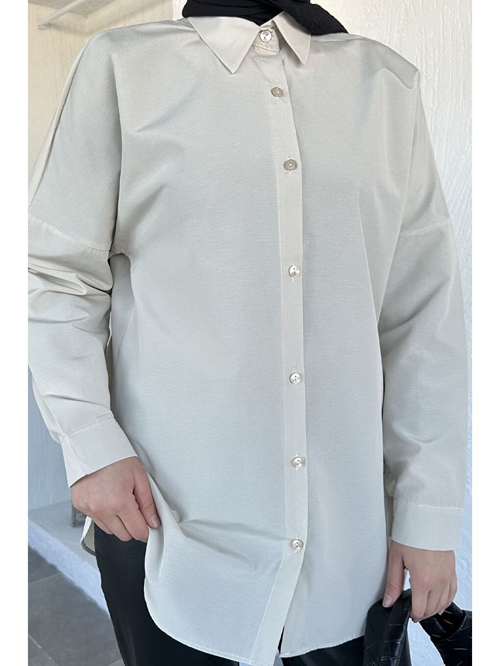 Bej Tesettür Klasik Gömlek-6