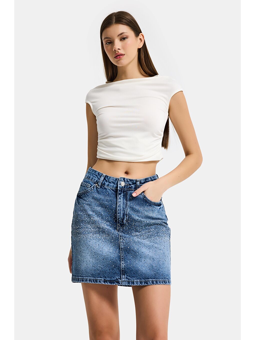 Kadın Mavi T2-4s6-4 Straight Fit Parlak Taşlı Özel Tasarım Mini Denim Etek-2