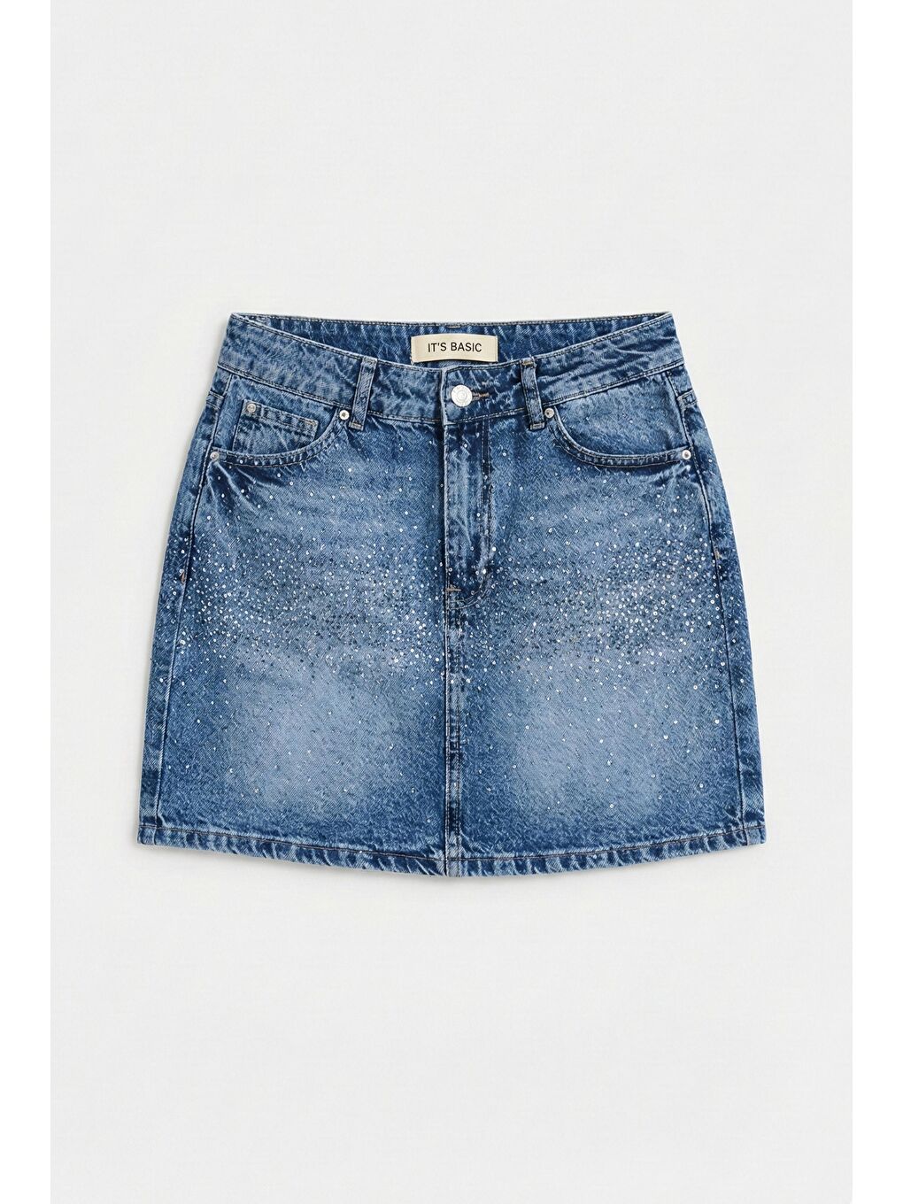 Kadın Mavi T2-4s6-4 Straight Fit Parlak Taşlı Özel Tasarım Mini Denim Etek-3