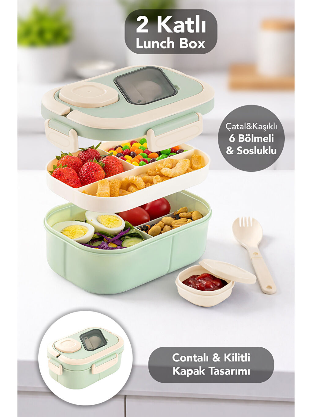 Yeşil Bondie Kilitli Kapaklı Yemek Kabı