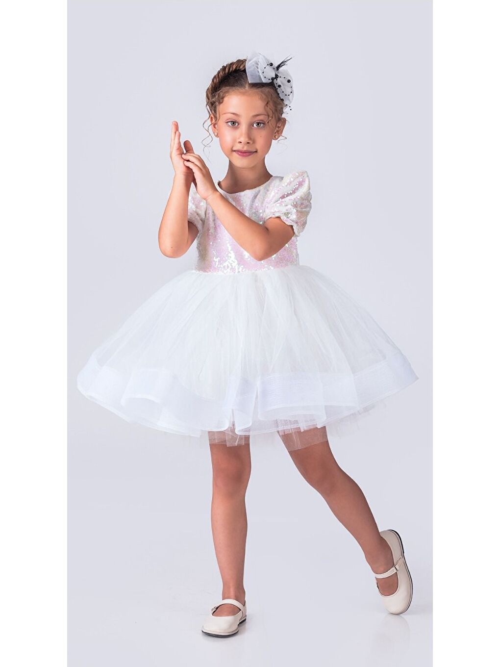 Beyaz Tütü Gren Etekli Kız Çocuk Pul Payetli Kısa Kol Kikidi Elbise MNK0601-8