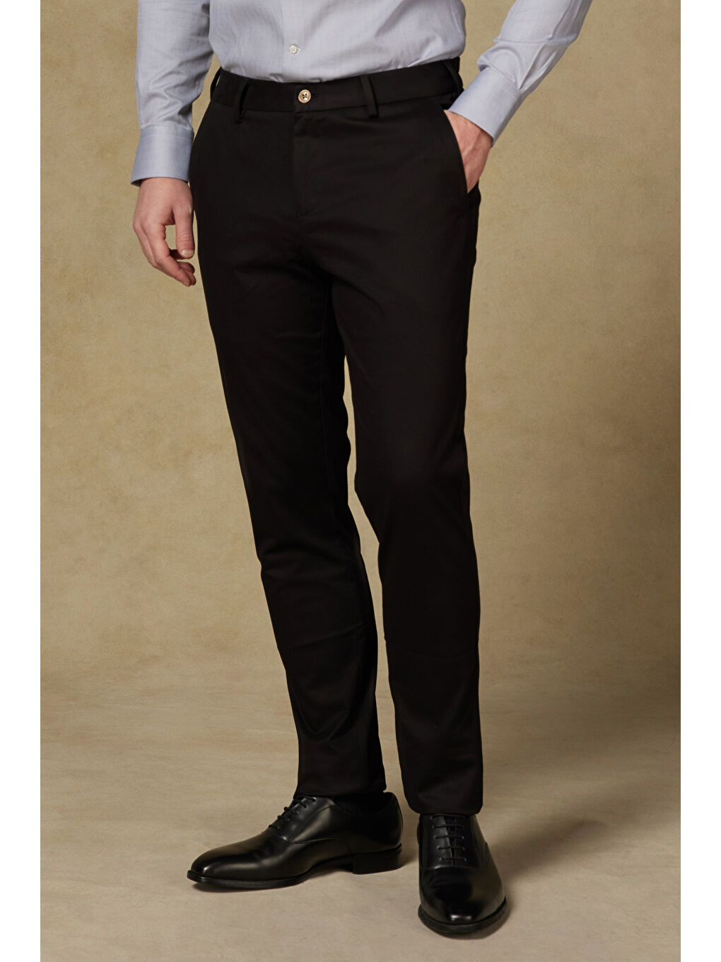 Poplin Stretch Pamuk Karışımlı Modern Fit Siyah Erkek Düz Pantolon-1