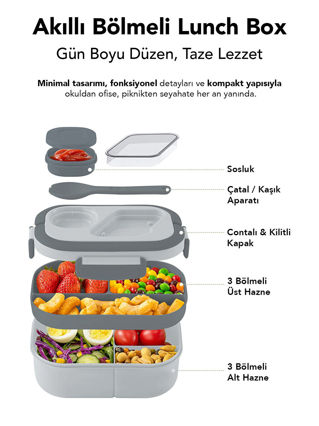 Gri Bondie Kilitli Kapaklı Yemek Kabı-1