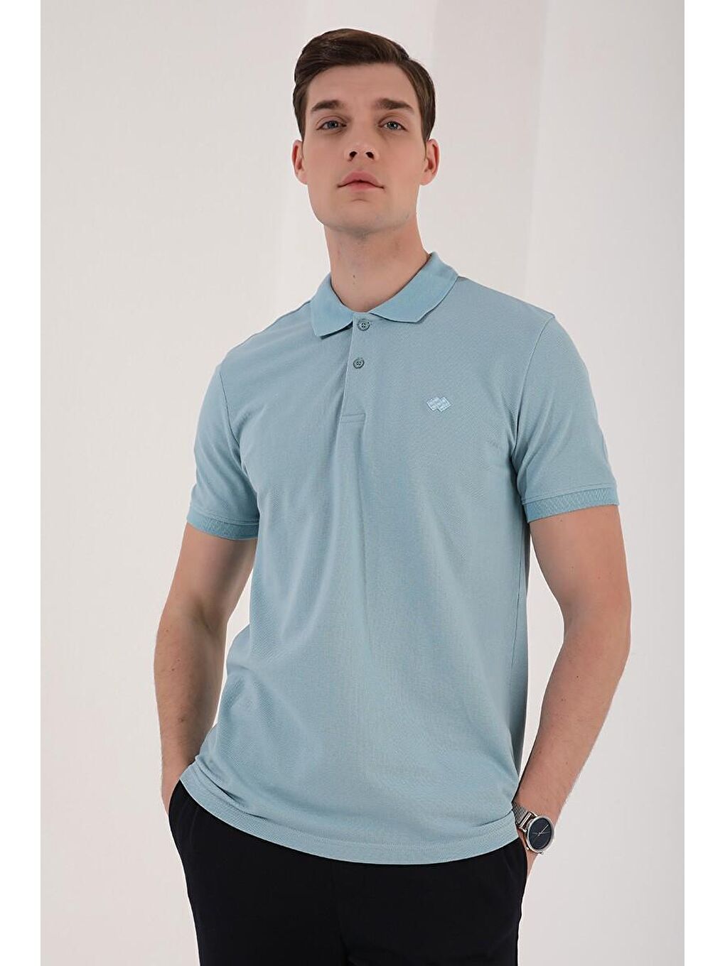 TOMMYLIFE Buz Mavi Basic Logolu Standart Kalıp Triko Polo Yaka Erkek T-Shirt - 87748 - 4