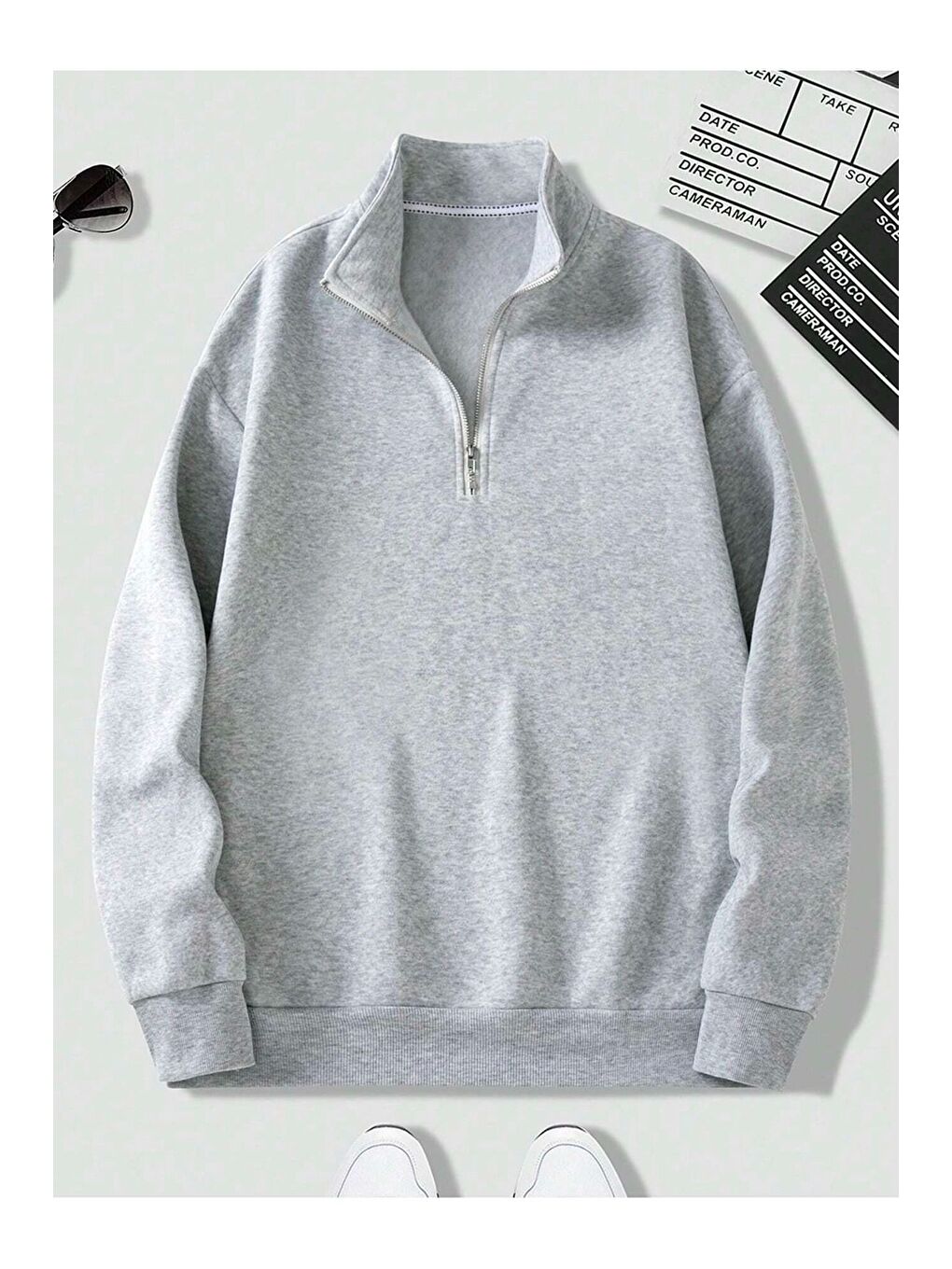 Trendseninle Kadın 3 İplik Gri Metal Fermuarlı Dik Yaka Oversize Sweatshirt