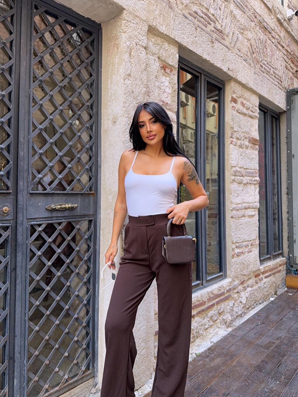 Kahverengi Elastanlı Cırtlı Palazzo Pantolon-1