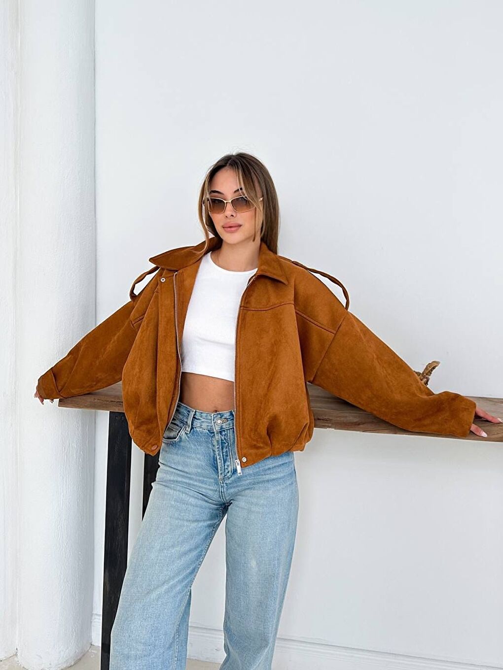 Kahverengi Süet Bomber Ceket-3