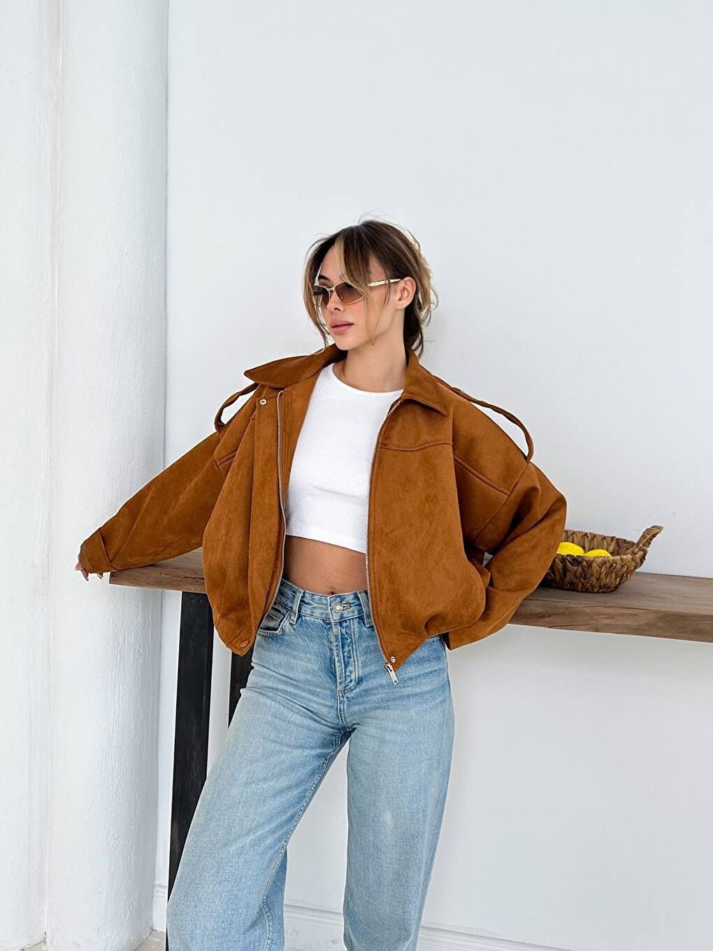 Kahverengi Süet Bomber Ceket-4