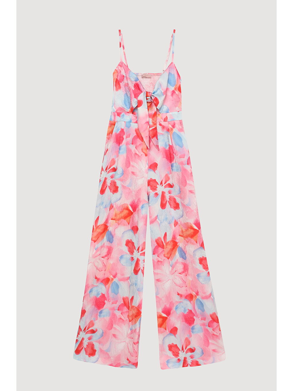 Bağlama Detaylı Çiçek Desenli Askılı Uzun Tulum Pembe